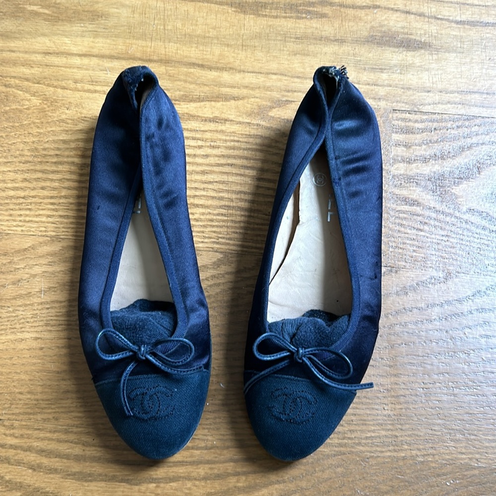 Chanel Navy Satin Ballet Flats